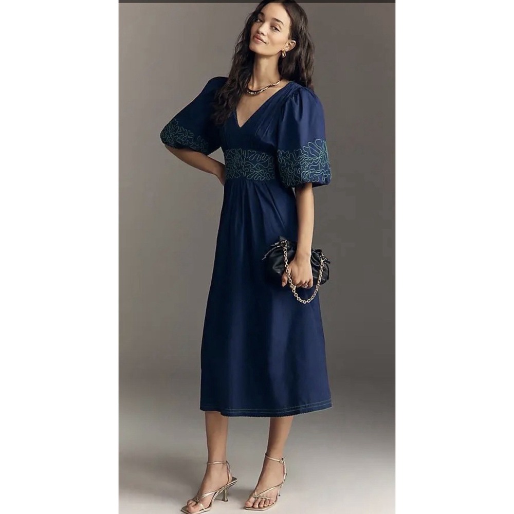 NWT Anthropologie Embroidered Puff-Sleeve Midi Dress Size XS Cottage Boho Fall
